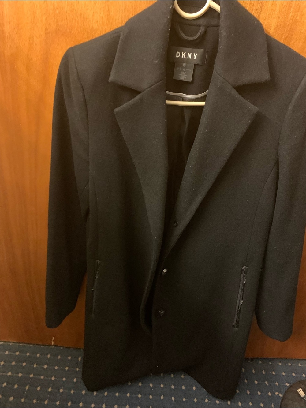 DKNY Black Men's Wool Pea Coat with Notch Collar
